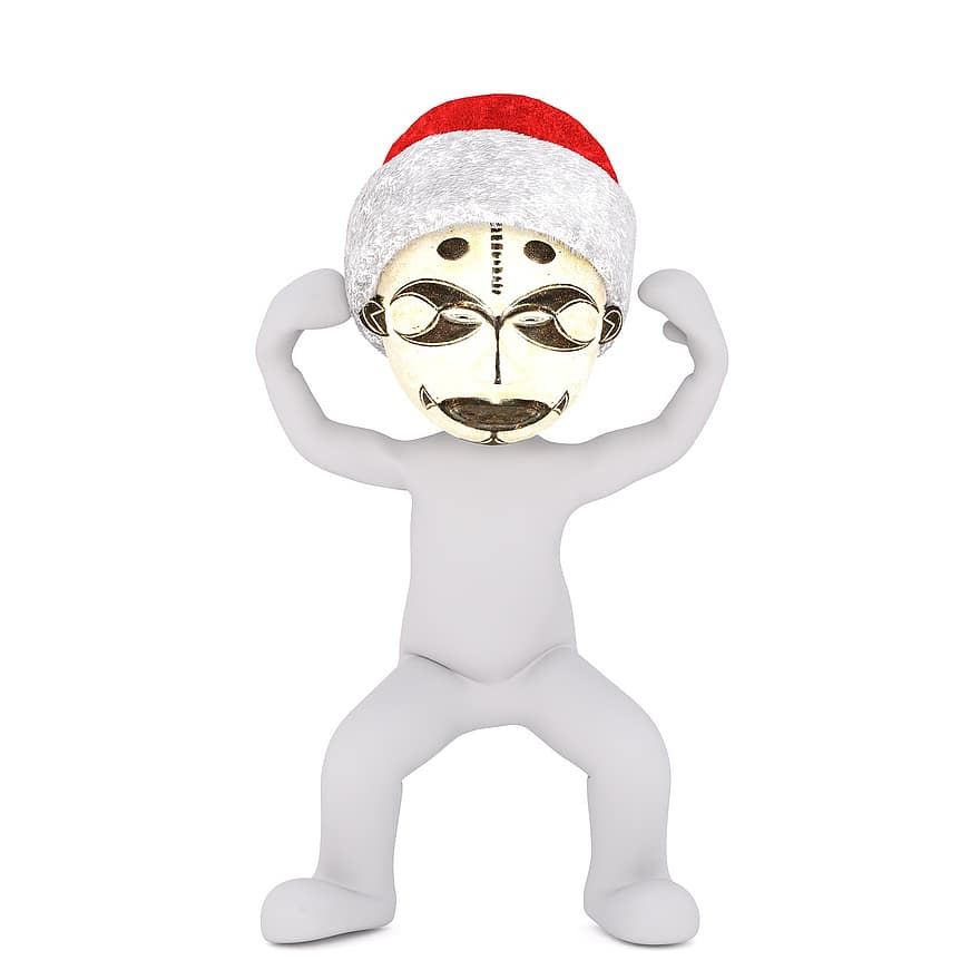 baltas vyras, izoliuotas, 3D modelis, Kalėdos, santa skrybėlę, Viso kūno, balta, 3d, skaičius, kaukė, maskuoti