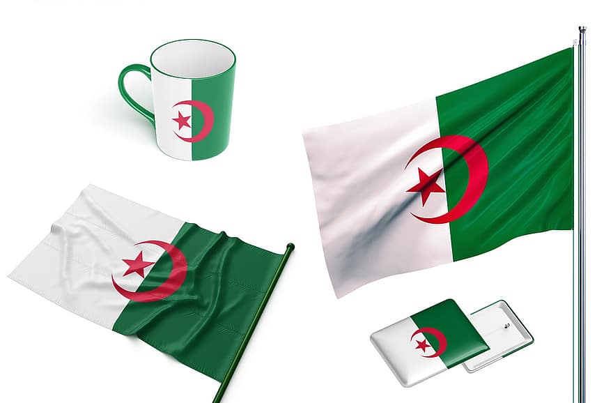 zászló, Algéria, nemzeti, függetlenség, nemzet, bögre