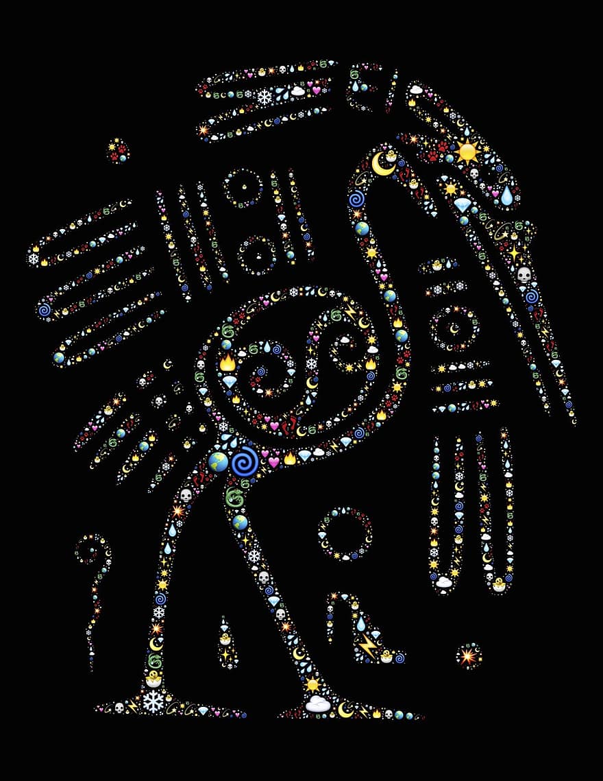 Bird, Mayan, Emoji, Nature, Colorful, Black Background, Mexican, Ancient, Culture, Indian, Symbol