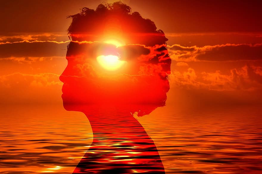 cabeza, mujer, puesta de sol, transparente, transparencia, mar, agua, olas, ola, Dom, psicología