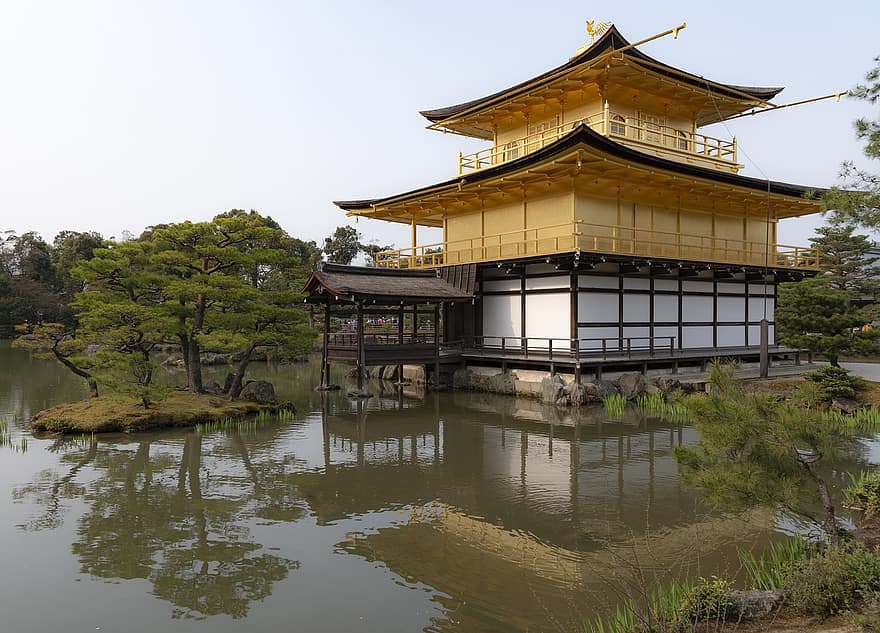 宮殿、木、池、金閣寺、城、日本、京都、空、日本人、旅行