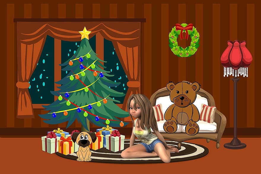عيد الميلاد ، فتاة ، الكلب ، يتحمل ، الحاضر ، شجرة ، شجرة عيد الميلاد ، مصباح ، أريكة ، مرحلة الطفولة ، سعيدة