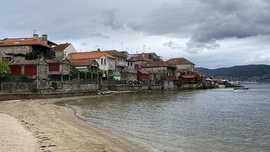 sat, coastă, plajă, mal, malul marii, case, Combarro, Galiția, apă