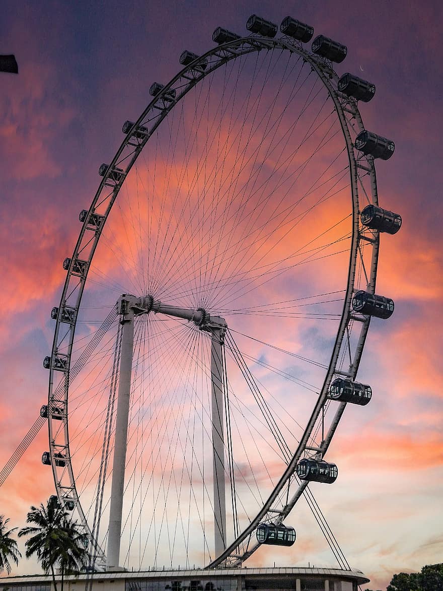 rueda de la fortuna, Singapur, puesta de sol, atracción de feria, parque de atracciones