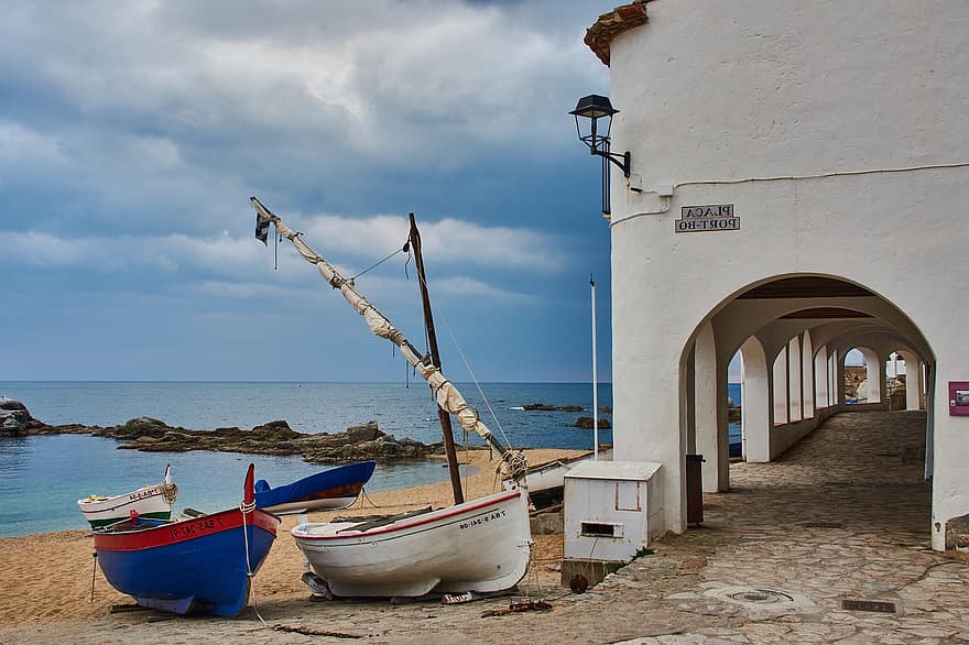 platja, embarcacions, Riba, arcs, arquitectura, Costa, sorra, mar, ciutat, poble de pescadors, calella