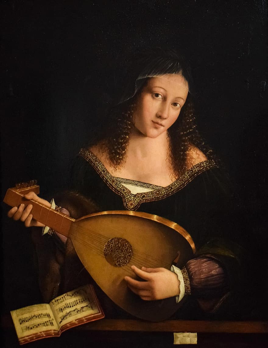 žena, mandolína, nástroj, hudba, malování, umění, muzeum