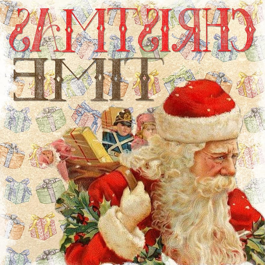 Christmas, Vintage, Santa, Santa Clause, Presents, Beard, Card, Xmas, Greeting, Design, Boy