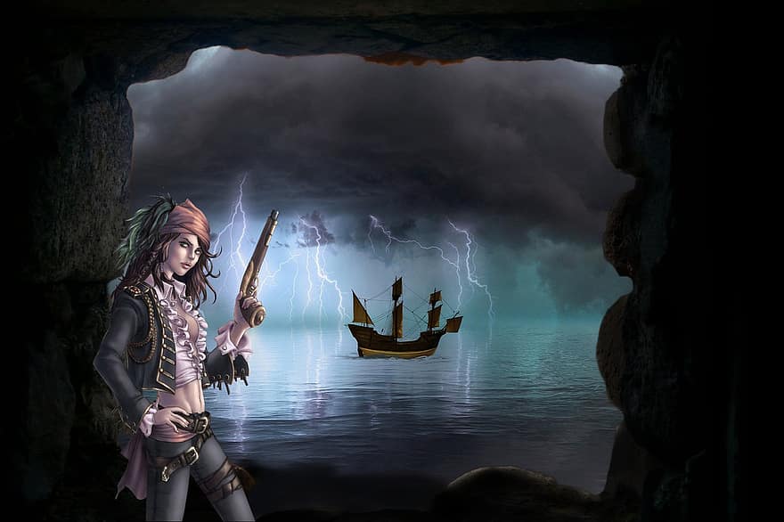 заден план, океан, кораб, мълния, пират, пещера, хора, илюстрация, плавателен съд, ветроходен кораб, вода