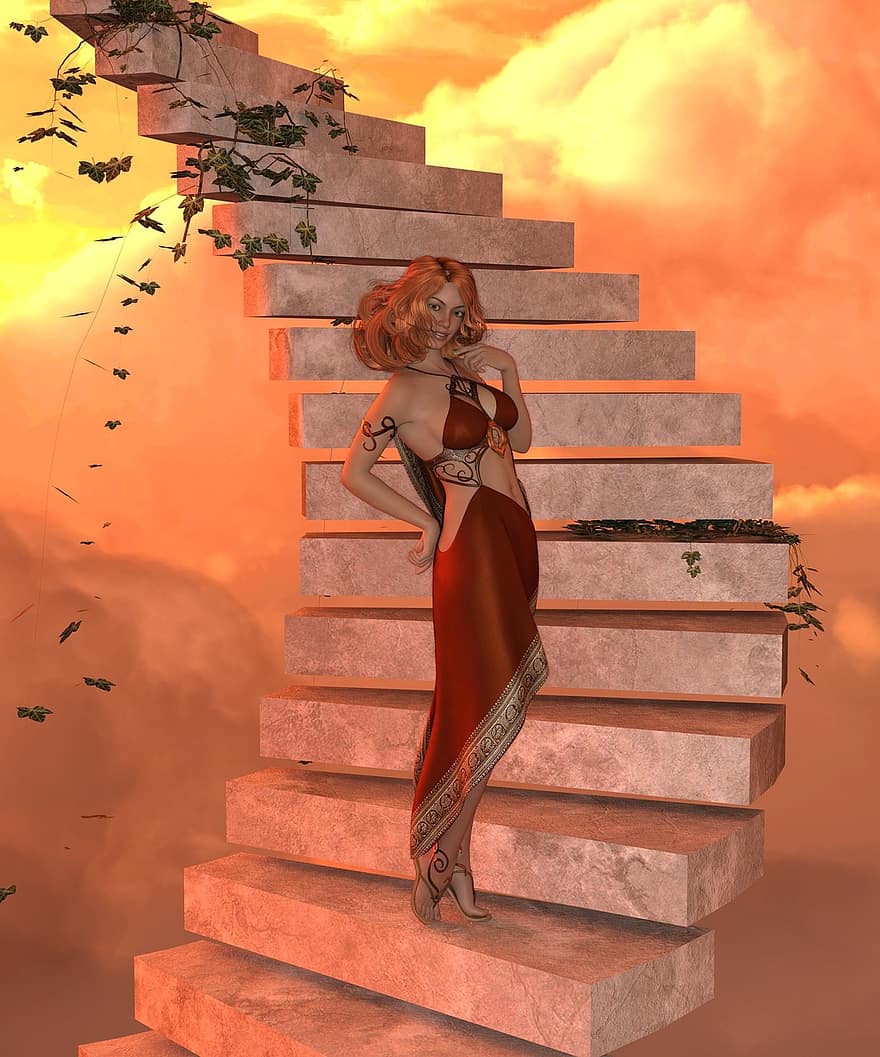 Woman, Stairs, Sunset, Upgrade, Wait, Career, Vision, Triumph, Success, Stair Step