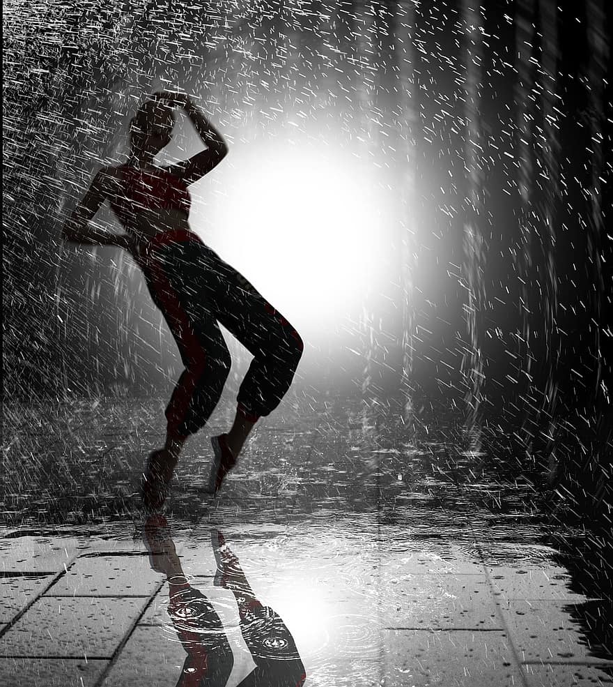 ارقص ، شاب ، تمطر ، أنثى ، سعيدة ، أداء ، مسرح