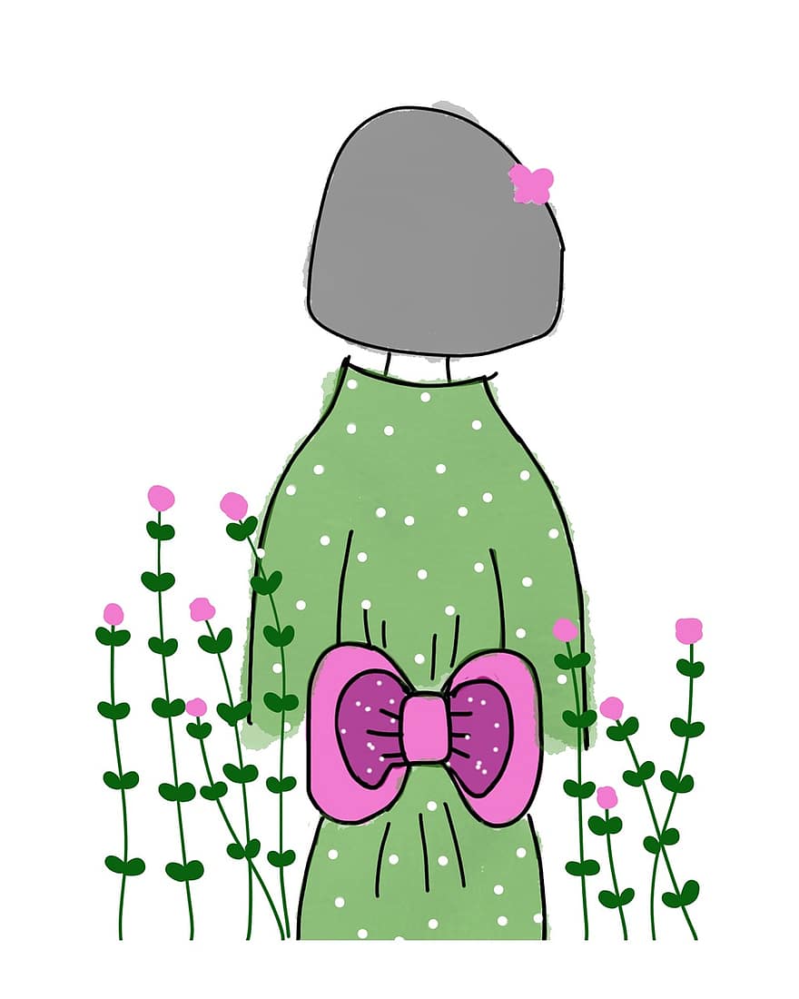 japonská dívka, dívka, zelené šaty, růžový luk, móda, japonský, ženský, růžové květy, zadní, portrét, skica