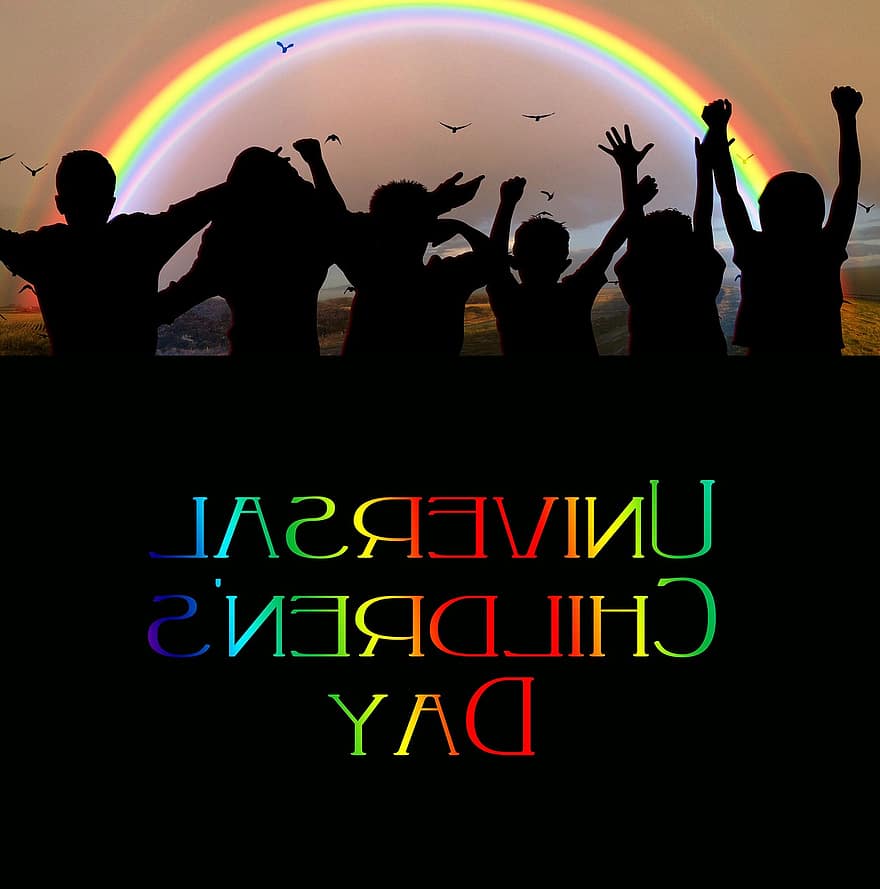 dia mundial de los niños, festival, celebrar, arco iris, niños, siluetas, humano, alegría, grupo, entusiasmo, niña