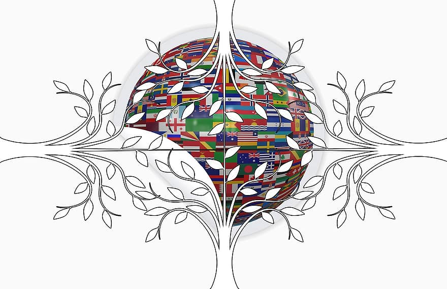 флаги, Глобальный, мяч, круглый, Международный, дерево, эстетический, ветви, листья, Аннотация, логотип