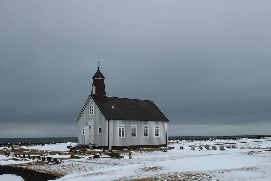 Исландия, церковь, море, лед, снег, часовня, религия, пейзаж