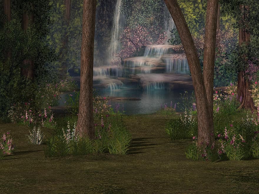 bakgrund, komponera, vatten, vattenfall, skog, träd, blommor