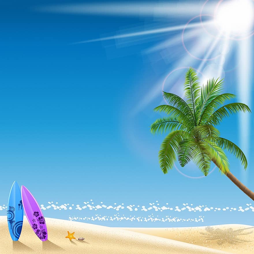 strand achtergrond, palmboom, oceaan, surfplank, Stoel Paraplu, zon, strand, zomer, tropisch, natuur, reizen