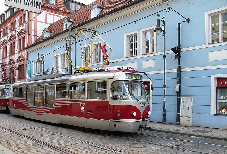 tram-, straat, Praag