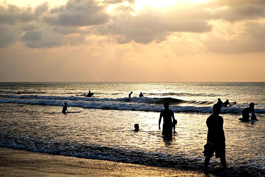 por do sol, Kuta Beach, kuta, Indonésia, de praia, panorama, crepúsculo, verão, silhueta, Férias, agua