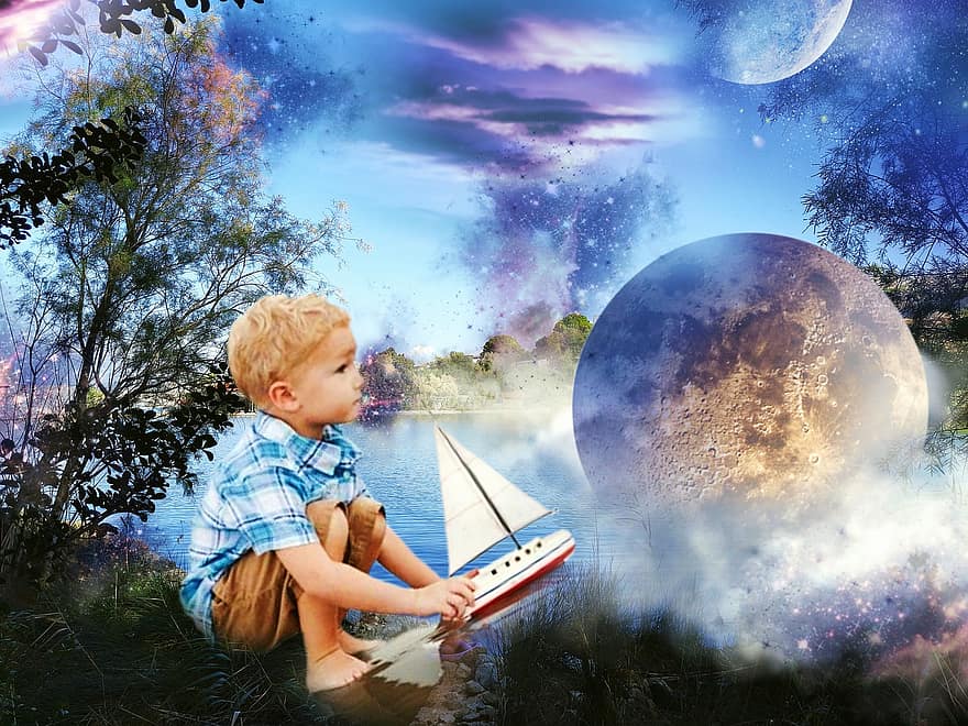 planet, surrealistisk, fantasi, innsjø, vann, blond, gutt, Leketøy seilbåt, skyer, lilla lys, tåke