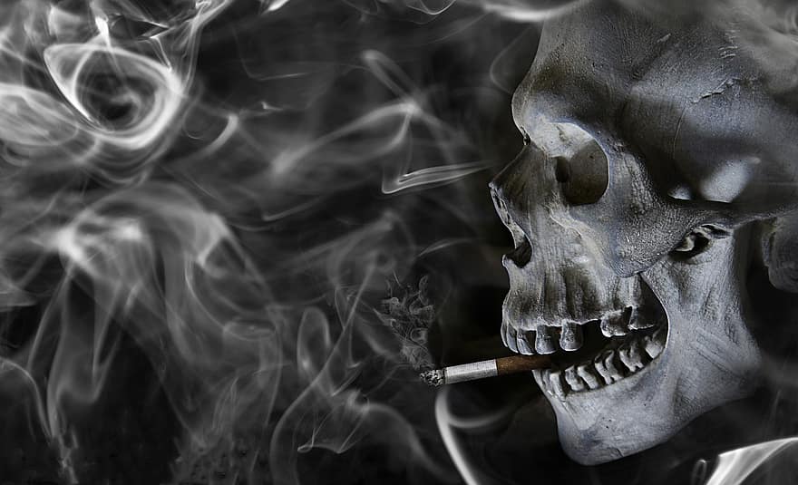 บุหรี่, ที่สูบบุหรี่, ควัน, กะโหลกศีรษะ, โครงกระดูก, แข็งแรง, ร้ายแรง, เป็นอันตราย, ลึกลับ, เขียน