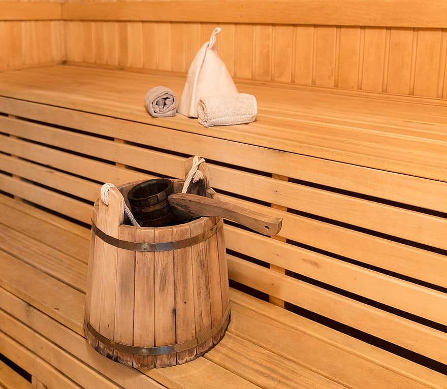 sauna, lavice, Kbelík, čepice, ručník, naběračka, dřevo, lázně, parní lázeň, lázeň, hygiena