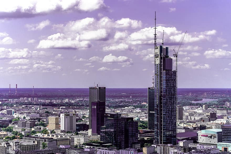 kaupunki, arkkitehtuuri, rakennukset, pilvenpiirtäjät, toimistot, tornit, taivas, pilviä, Varsova, pkin