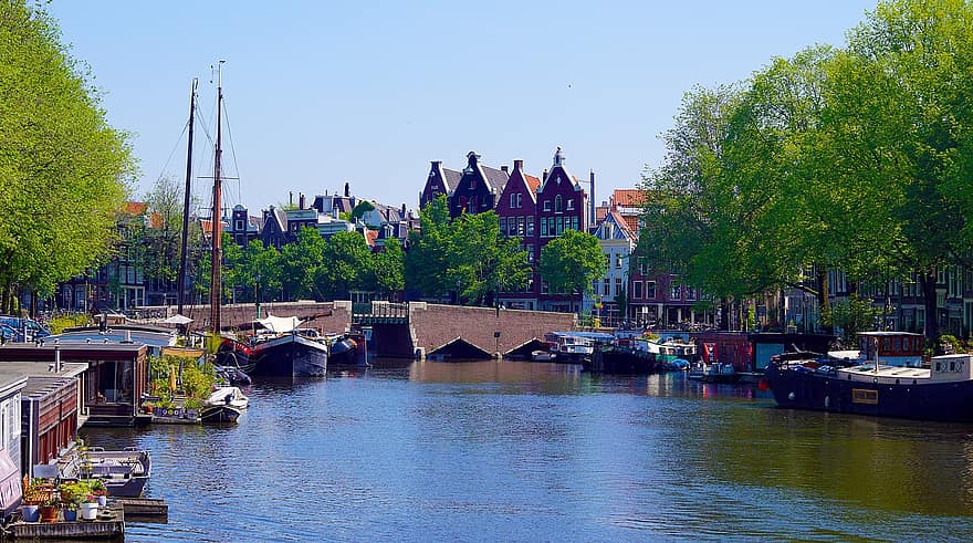 Амстердам, канал, воды, лодки, речные лодки, мост, город, известный, достопримечательности