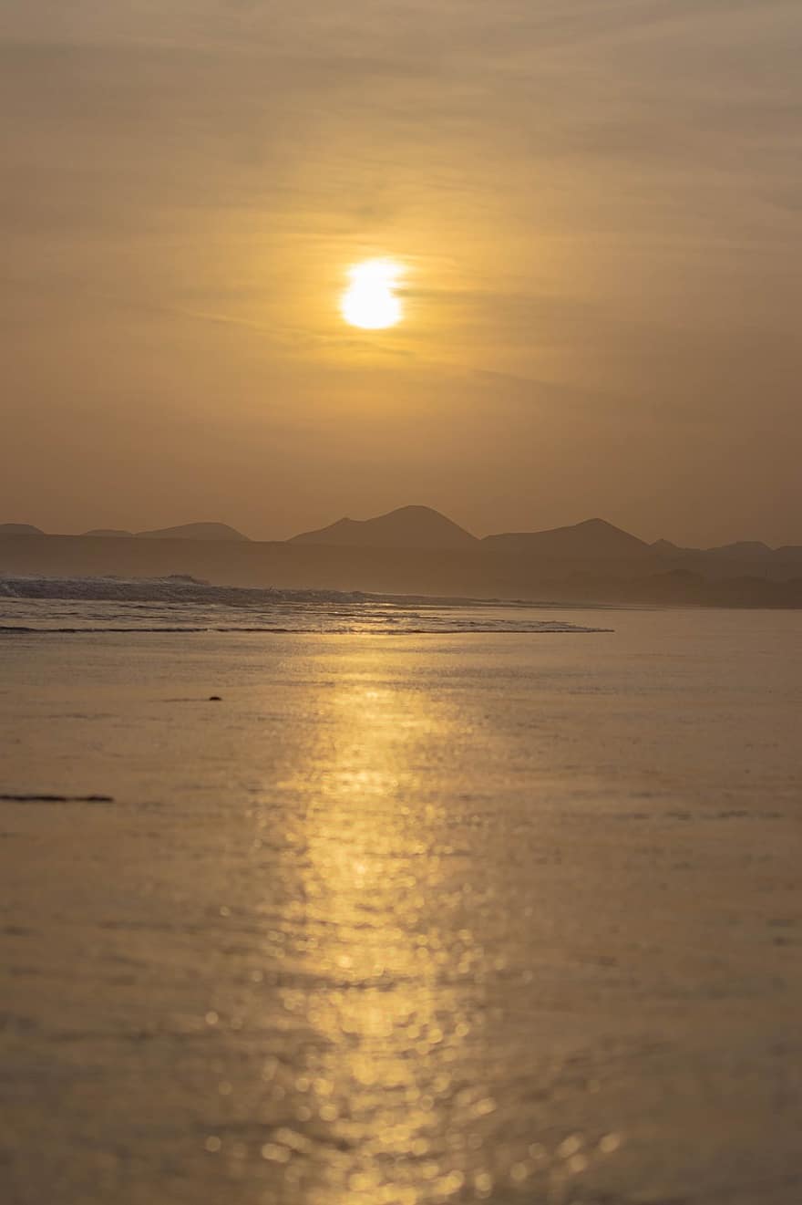 hav, bølger, sand, strand, solnedgang, Lanzarote, Caleta de Famara