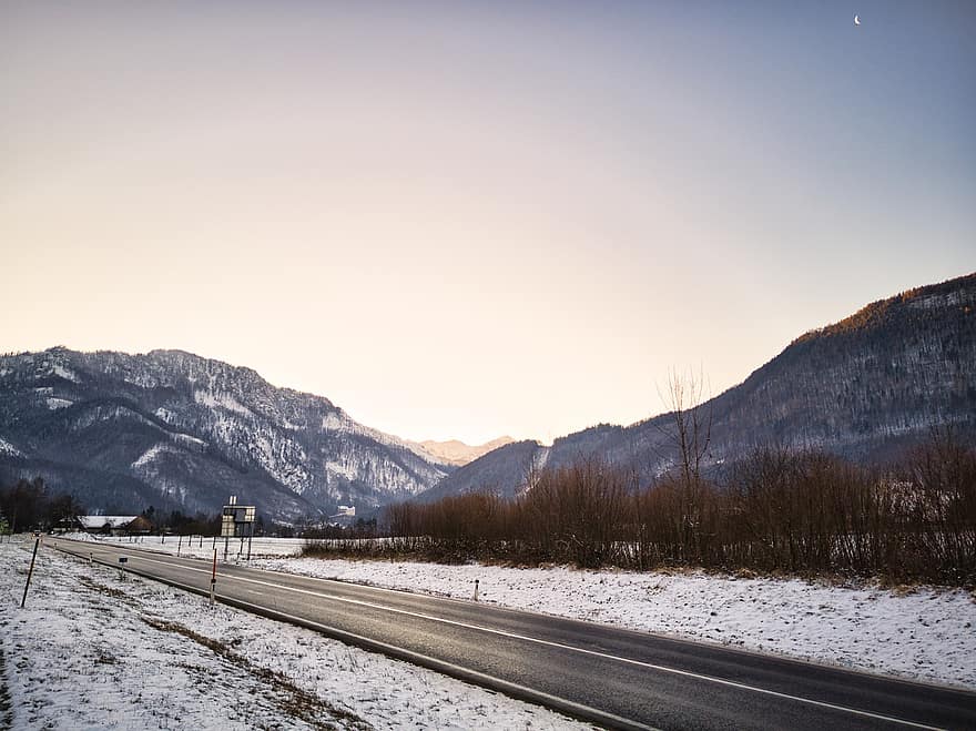 montagne, strada, tramonto, cielo, la neve, Alpi, Austria, alberi