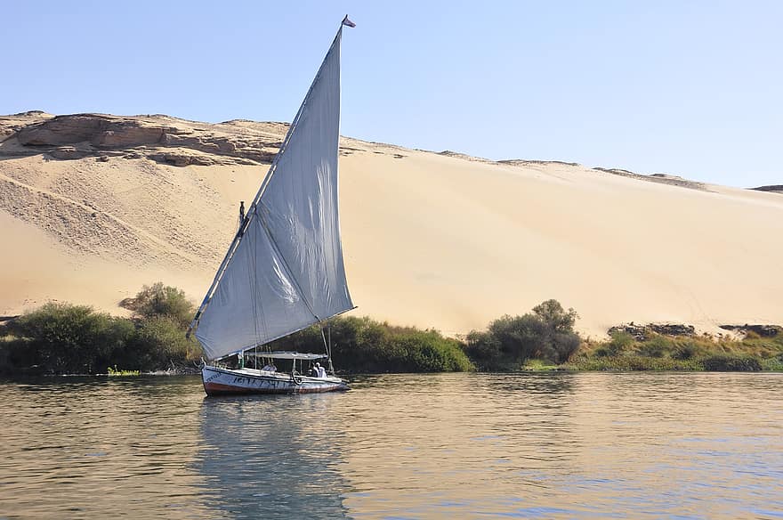 лодка, пустыня, песок, берег реки, парусное судно, Нил, старый