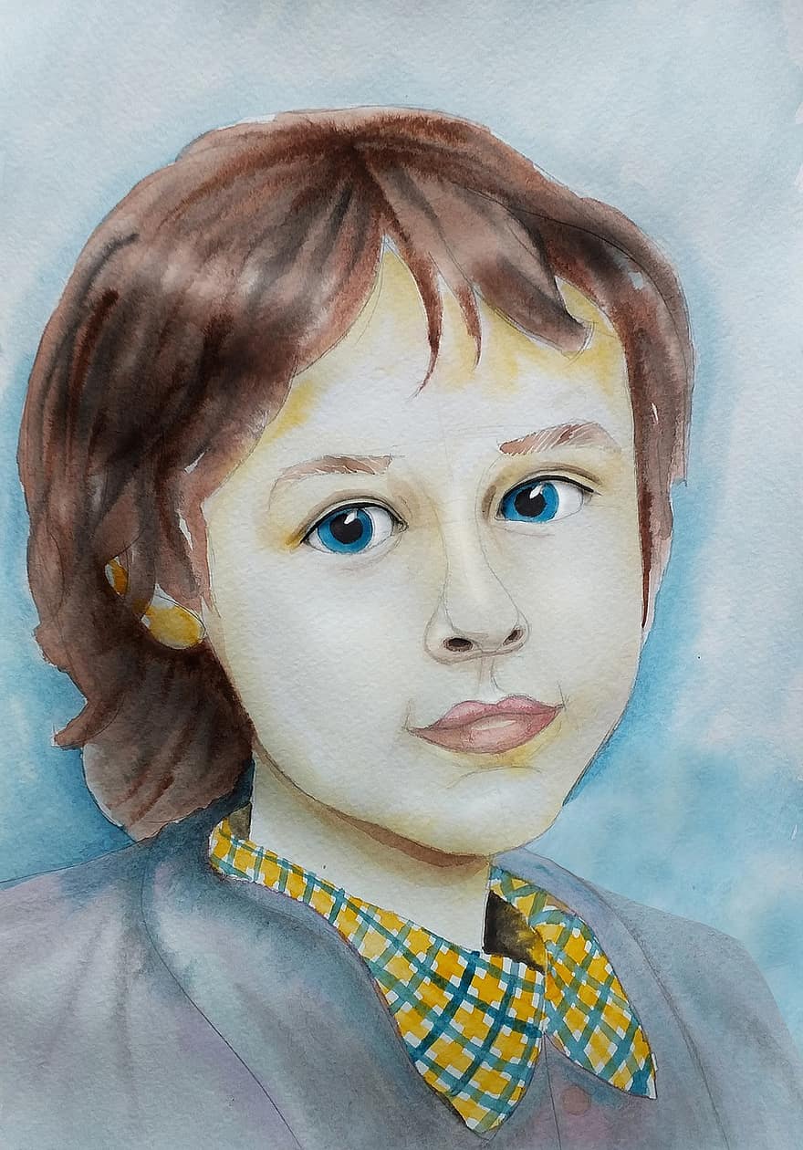 portret, băiat, ochi albaștrii, ochi mari, copii, acuarelă, planul krupnyj, drăguţ, simpatic