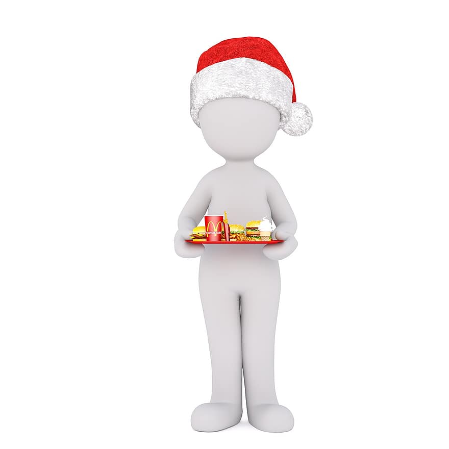 baltas vyras, izoliuotas, 3D modelis, Kalėdos, santa skrybėlę, Viso kūno, balta, 3d, skaičius, greitas maistas, McDonalds