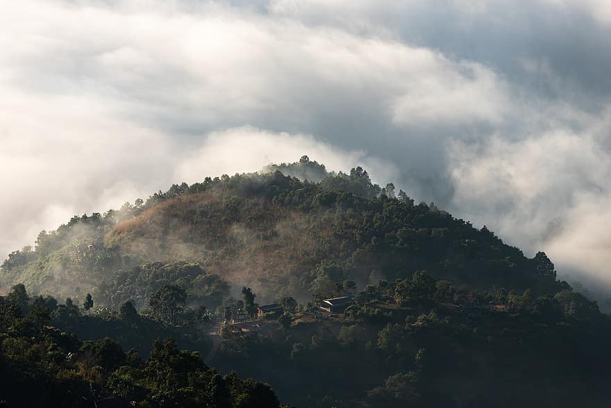 pokhara, berg-, wolken, hemel, heuvels, mist, bomen, Bos, landschap, natuur, toneel-