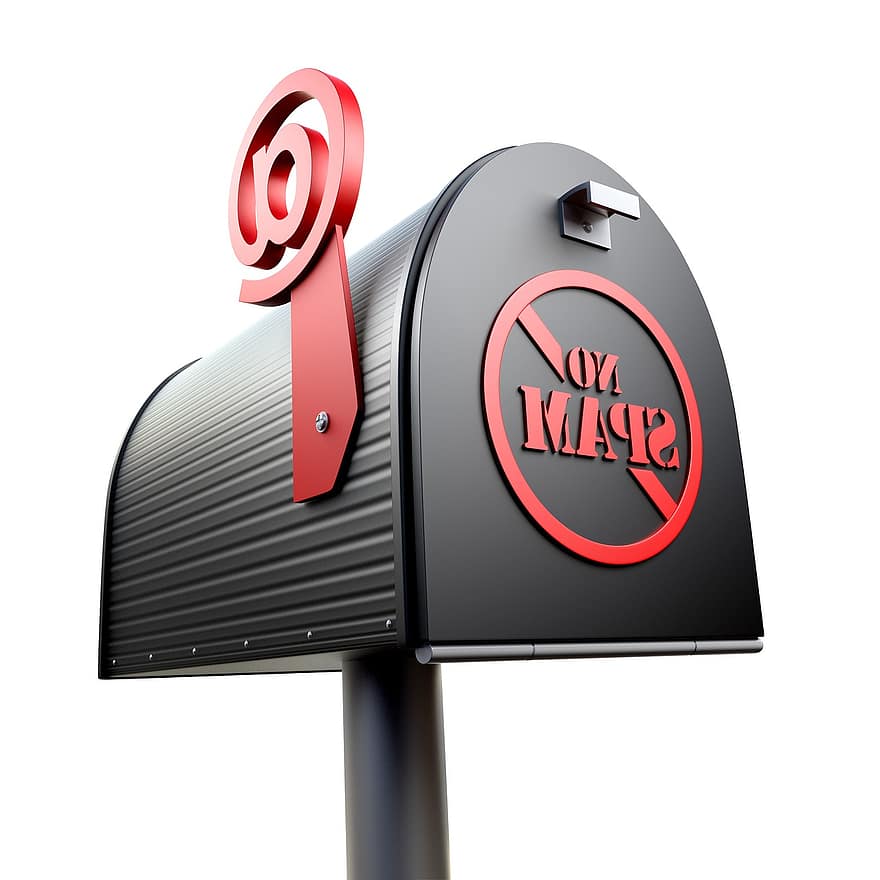 Spam-mailbox, e-mail, 3d render, teken, post, geïsoleerd, spam, communicatie, doos, adres, houder