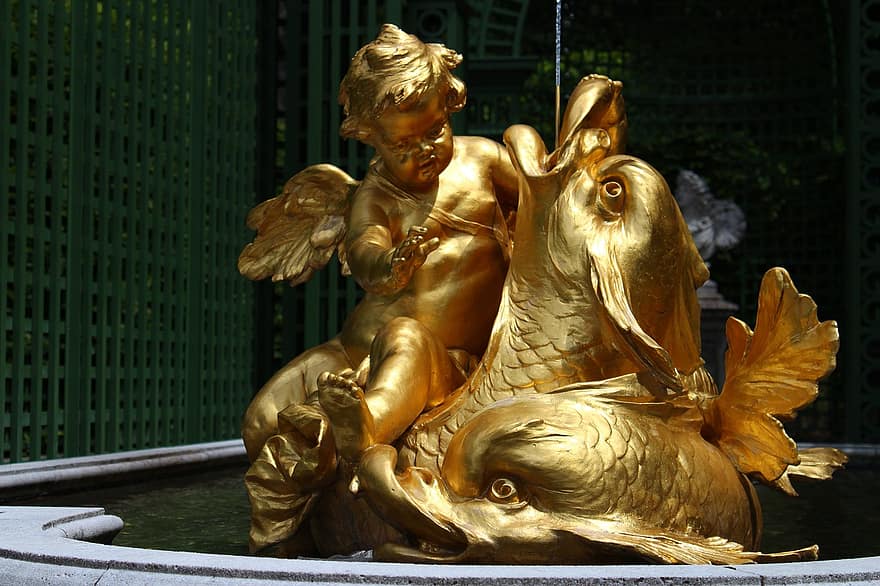 дворец Линдерхоф, золотая статуя, фонтан, Золотая скульптура, замок, Германия, парк, бавария, религия, скульптура, статуя
