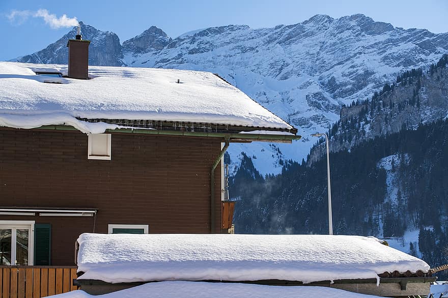 casa, pueblo, invierno, nieve, montaña, edificio, arquitectura, Engelberg