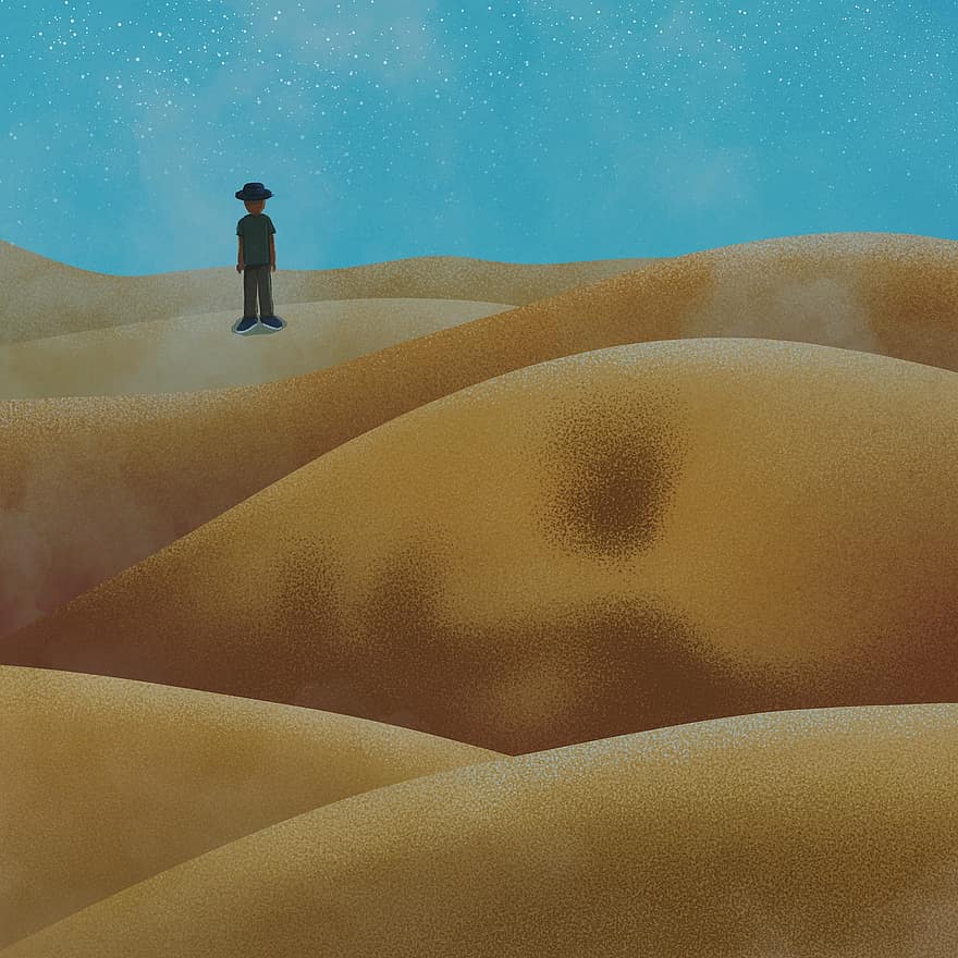 пустыня, человек, путешественник, блуждающий, песчаные дюны, Сахара, сюрреалистичный, воображение, мечта, фантастика, картина