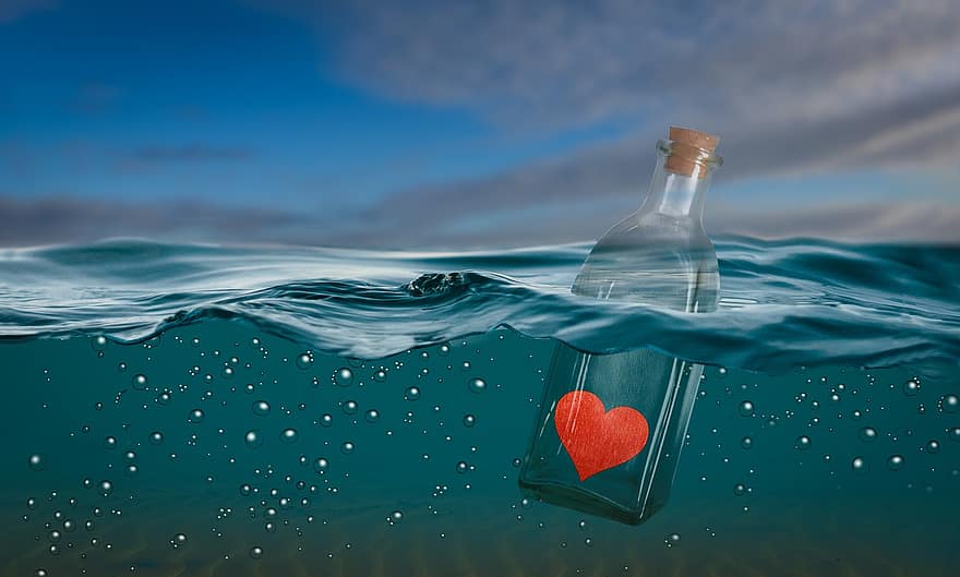 море, Свети Валентин, писмо в бутилка, обичам, вода, син, вълна, романтика, във формата на сърце, фонове, символ