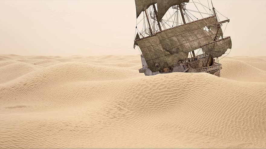 океан, дюны, песок, пустыня, лодка, парусная лодка, пират, старый, тайна
