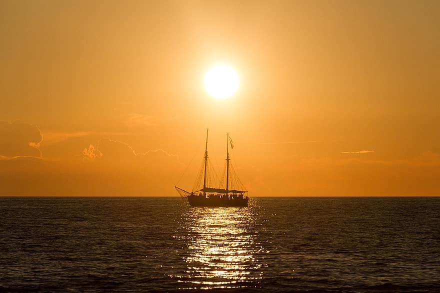 rovinj, Croazia, Adriatico, nave, barca, vela, tramonto, mare, acqua, sole, arancia