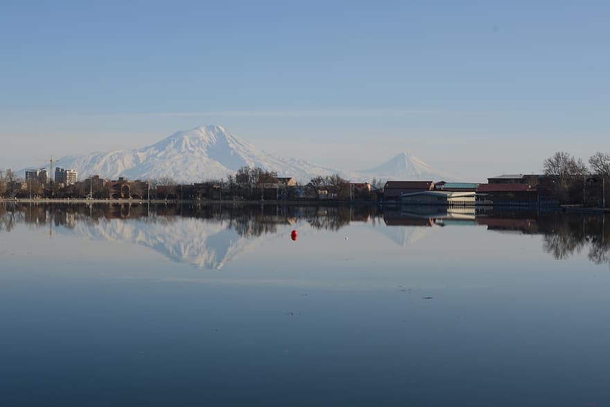Lake, Town, Mountain, Reflection, Water, Buildings, Houses, Urban, Scenery, Scenic, Ararat