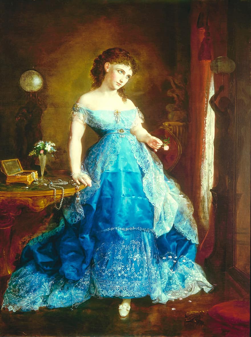 wanita, Cinderella, ballgown, gaun, biru, cantik, lukisan, vintage, muda, gadis, karya seni