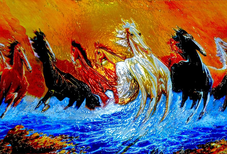 kuda, seni, gambar, artistik, minyak, akrilik, binatang, kuda betina, permainan kasar, penunggang kuda, anak kuda betina