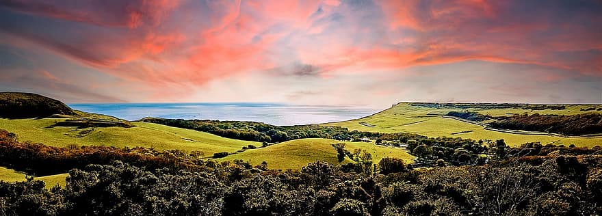 Dorset, england, Seascape, øy, natur, landskap, landlige scene, gård, eng, gress, Sky
