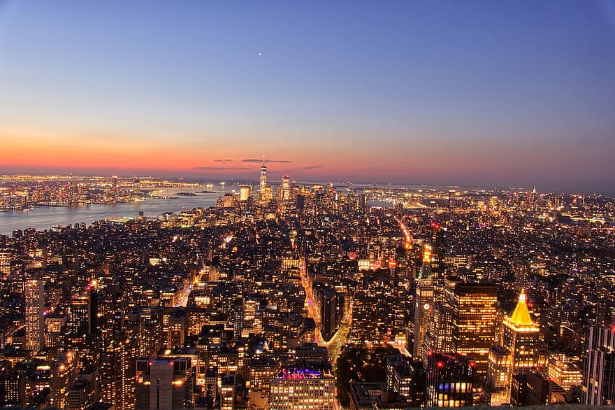 skyskrapere, bygninger, new york, nyc, manhattan, arkitektur, by, solnedgang, natur, horisont, reise