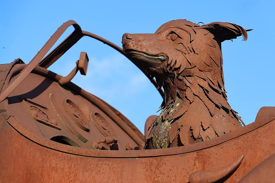 hunden statue, metall statue, Rusty Metal Ride, jern skulptur, kunstverk, gammel, metall, arkitektur, berømt sted, historie, kulturer