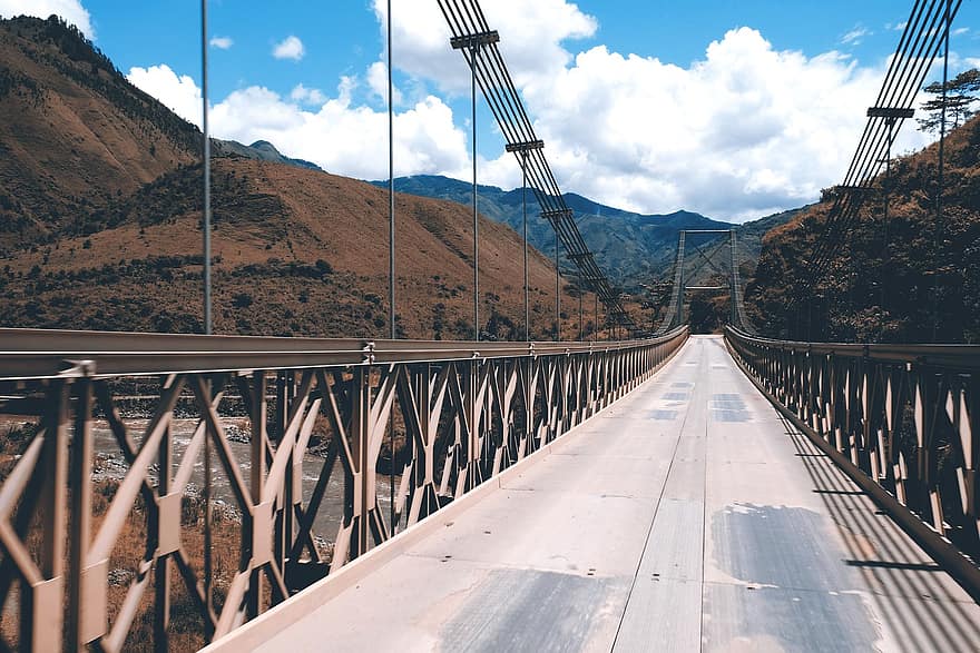 híd, acél-, Colombia, hegyek, acélhíd, épület, utazás, építés