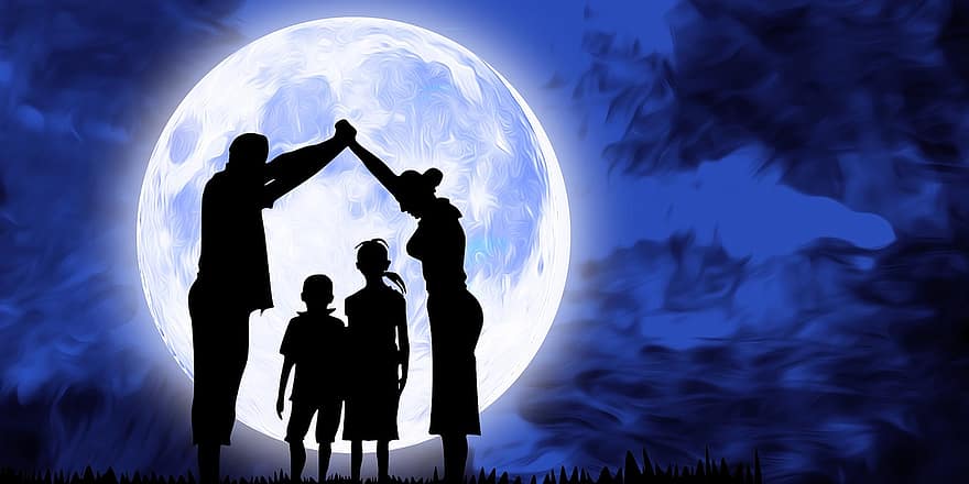 šeima, motina, tėvas, vaikai, mėnulis, naktis, dangus, pilnatis, mėnulio šviesa, tamsus, astronomija