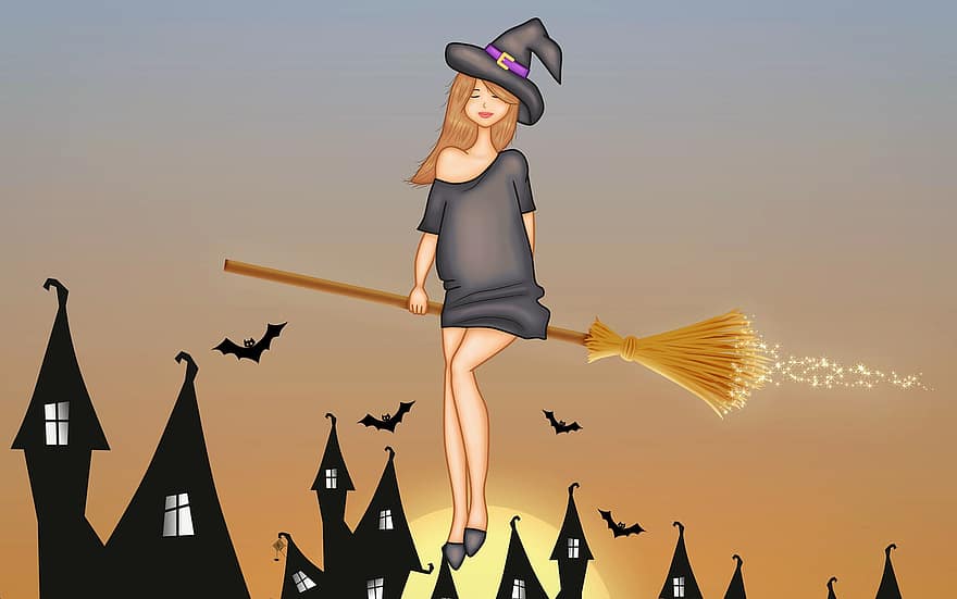 halloween, heks, vliegend, kostuum, bezemsteel, huizen, vleermuizen, magie, hekserij, mooi, meisje