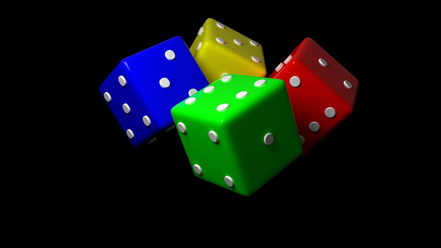 dadu, 3d Dadu, 3d, 4 Dadu, hijau, merah biru, kuning, keberuntungan, bermain, kasino, permainan